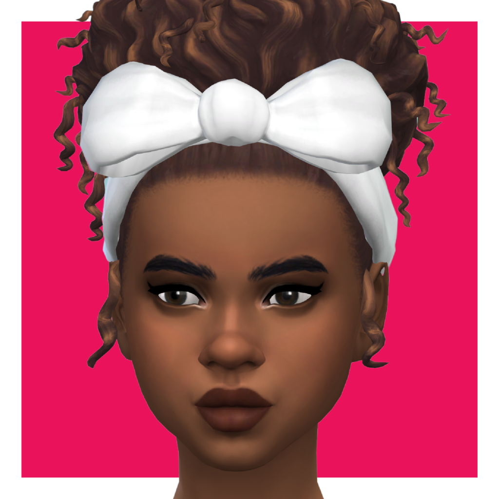 Un personnage des Sims sur un fond rose. Ce sim a les cheveux bouclés dans un chignon avec un ruban et un nœud attachés autour.