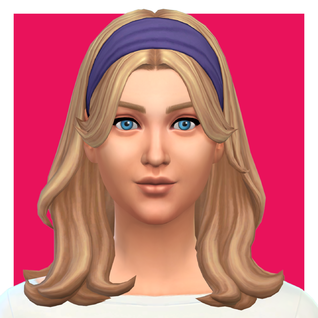 Un personnage des Sims sur un fond rose. Ce sim a des cheveux blonds avec une raie au centre et porte un bandeau qui ramène ses cheveux en arrière.