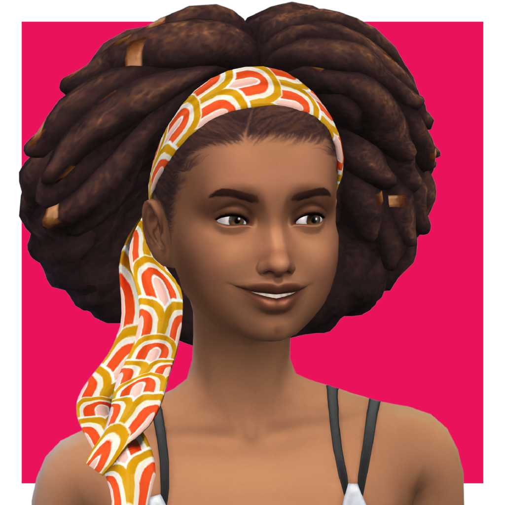 Un personnage des Sims sur un fond rose. Ce sim a les cheveux retenus en arrière par un bandeau orange et marron.