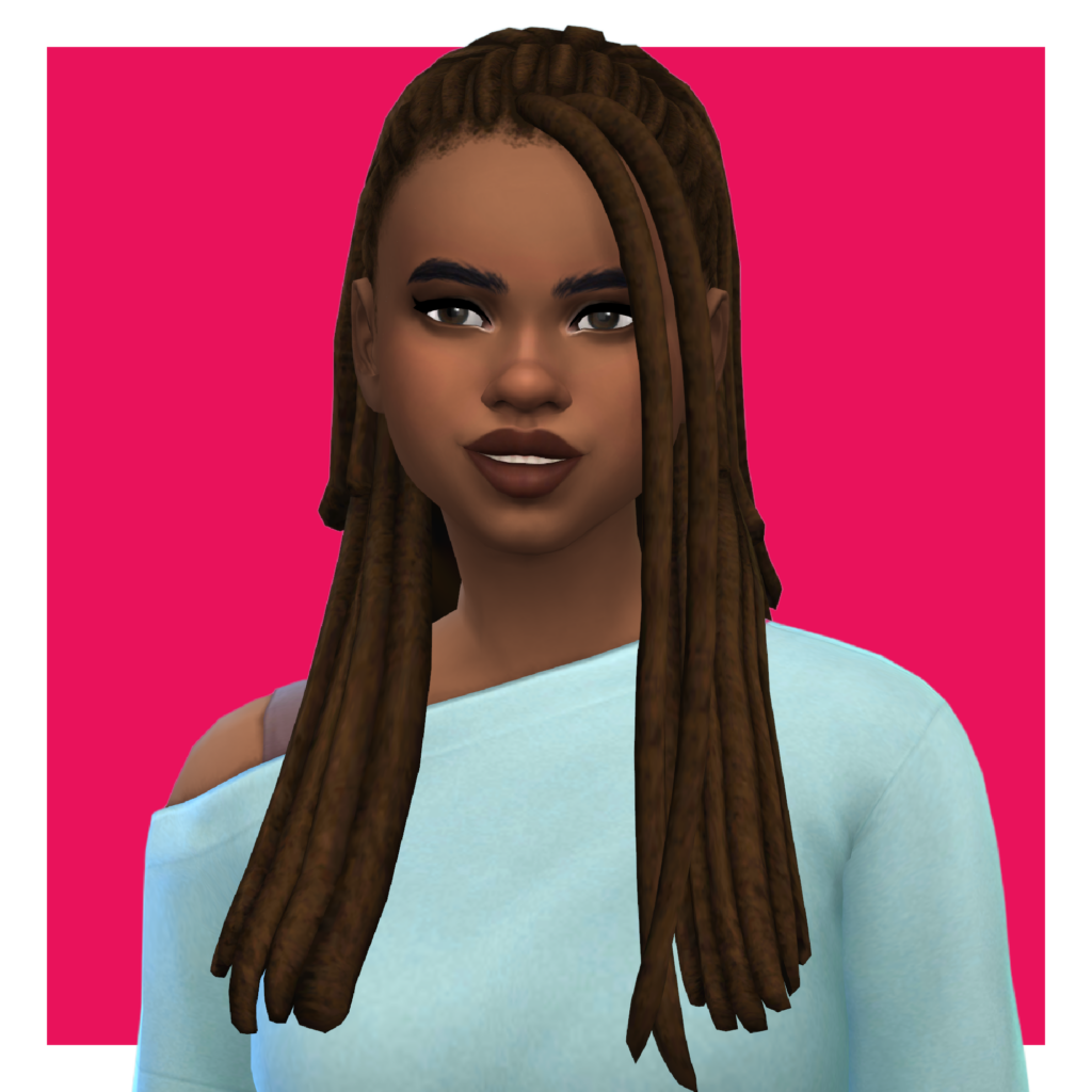 Un personnage des Sims sur un fond rose. Ce sim porte un pull bleu et a ses cheveux en dreadlocks, maintenus en arrière dans un style demi-attaché.