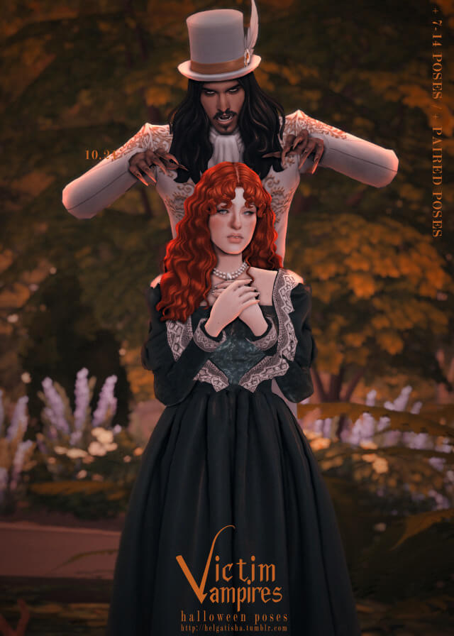 Une pose d'Halloween de Sims 4 où un vampire est au-dessus d'un autre sim et s'apprête à le mordre