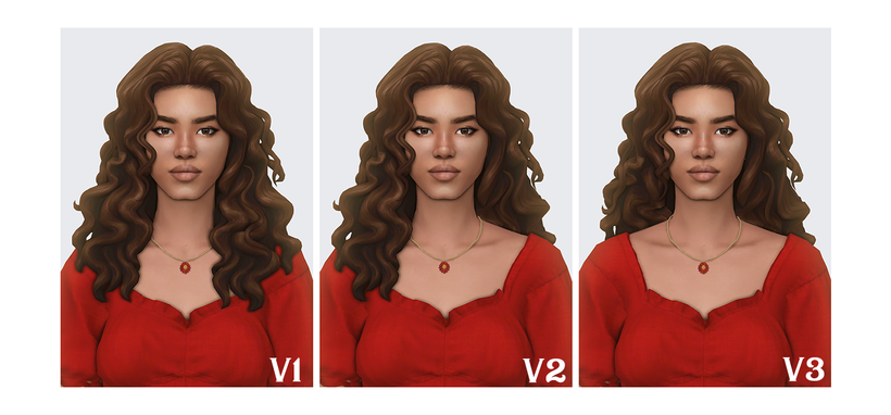 Trois rectangles avec le même sim et la même tenue avec un haut rouge et un collier rouge. Cela montre les trois différentes versions d'une seule coiffure bouclée personnalisée.