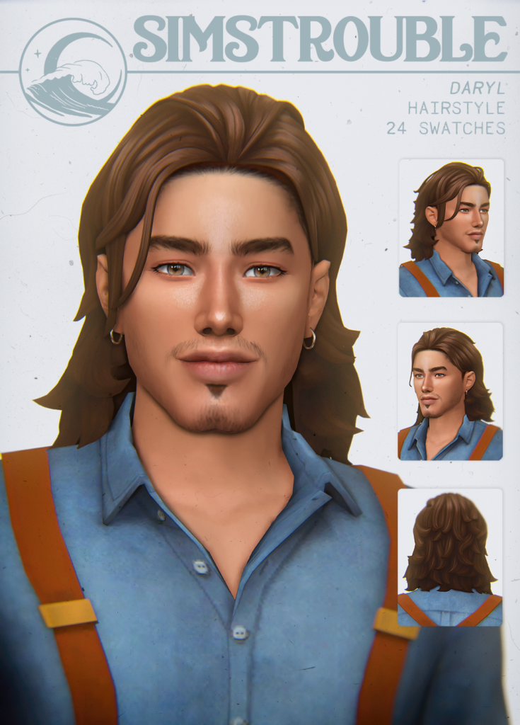 Un sim masculin avec un petit sourire portant une chemise bleue et des bretelles. Ses cheveux personnalisés sont poussés en arrière et atteignent les épaules.