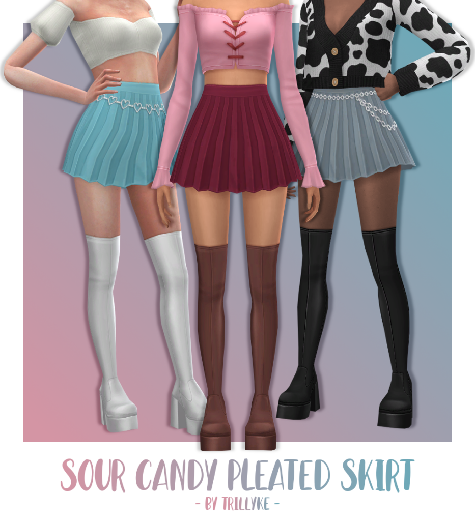 Trois Sims qui posent, ils portent tous les mêmes cuissardes dans des nuances différentes, avec une mini-jupe plissée dans des couleurs différentes et tous avec des hauts différents.