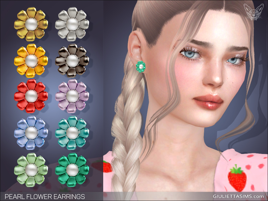 Un Sim avec des cheveux blonds argentés dans une tresse latérale avec des mèches encadrant le visage. Ils portent une paire de boucles d'oreilles en fleurs turquoise.
