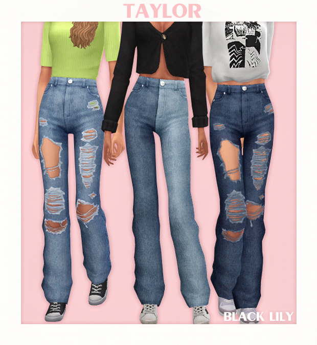 Une boîte rose avec le mot TAYLOR en haut. À l'intérieur, il y a trois sims avec leurs têtes coupées qui portent tous des jeans.