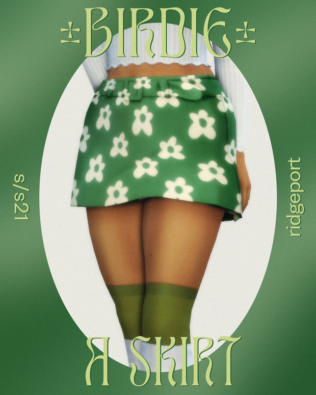 Une image d'un sim debout avec une main derrière le dos et l'autre sur le côté. Il porte un pull blanc à manches longues avec une jupe Sims 4 CC verte avec des fleurs dessus.