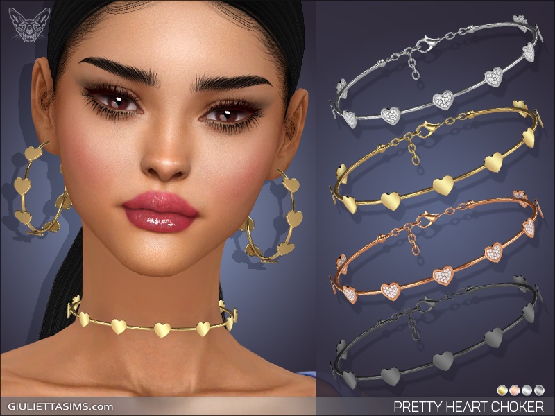 Un personnage des Sims 4 avec les cheveux noirs attachés en queue de cheval basse. Il porte un ensemble assorti de collier et boucles d'oreilles avec des cœurs.