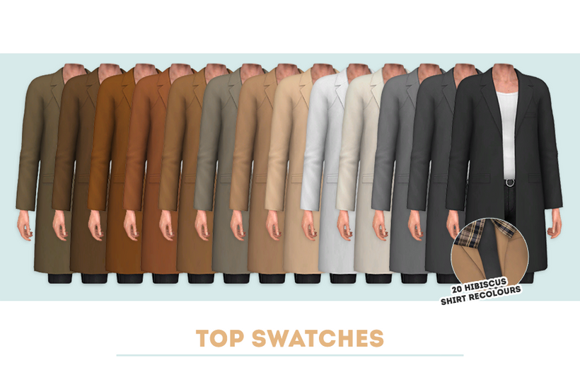 Treize silhouettes de Sims du cou vers le bas, se tenant côte à côte avec différentes teintes d'un long manteau ouvert