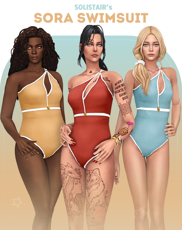 Trois sims différents portant un maillot de bain une pièce, une épaule avec une découpe sur la poitrine. maillots de bain cc sims 4.