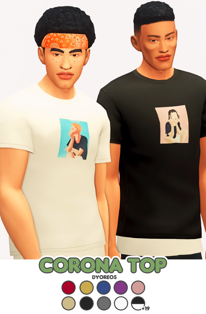 Deux sims aux cheveux bouclés portant des t-shirts où se trouve un petit carré avec une peinture d'une personne au milieu