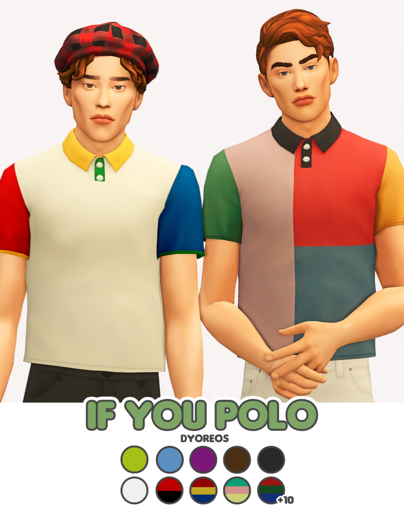 Deux Sims aux pommettes saillantes et aux cheveux rouges. Ces Sims portent des chemises polo entièrement boutonnées, avec des blocs de couleur différents pour les manches et la base.