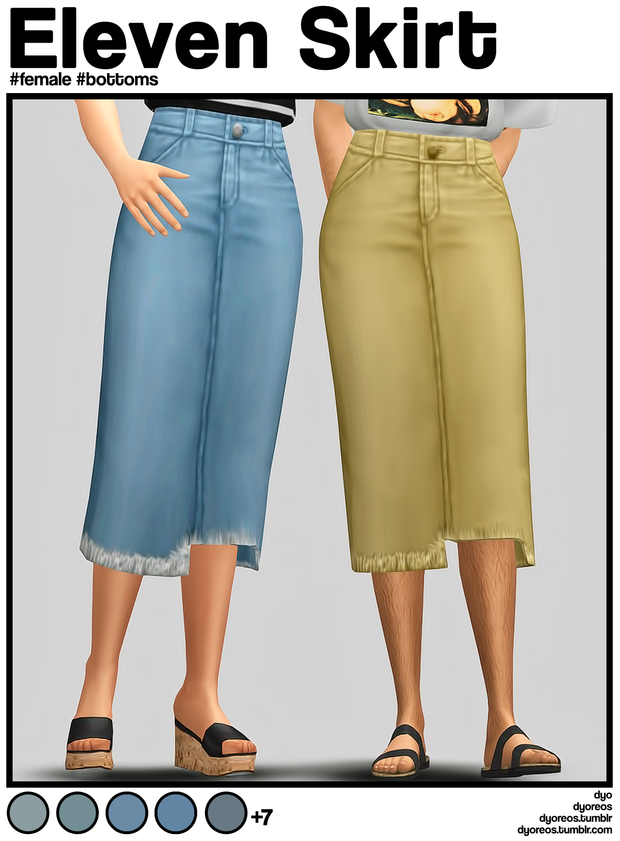 Cette image montre deux sims coupés à la taille et portant toutes deux des jupes en jean sims 4 cc qui dépassent du genou.