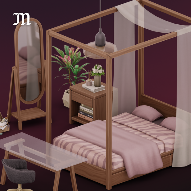 Un mur violet foncé avec de magnifiques meubles en bois. Le lit est un lit à baldaquin avec des rideaux de tissu autour de la section oreiller arrière.