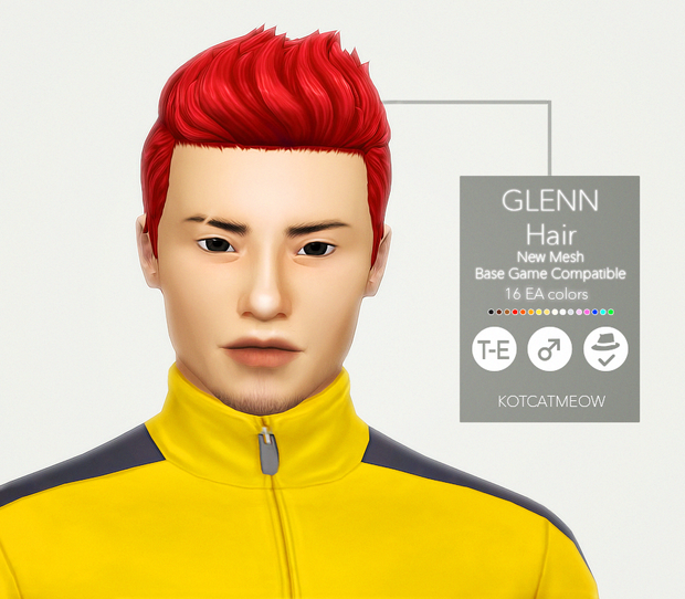 Un sim avec une fente dans son sourcil et des cheveux rouges vifs avec une veste jaune.