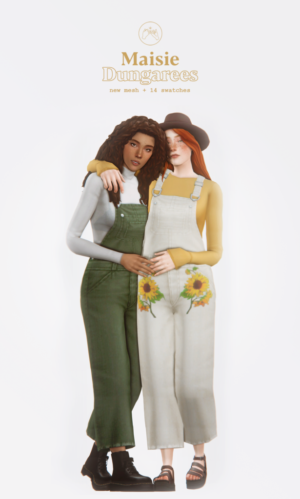 Deux Sims dans une étreinte latérale portant des chemises à manches longues et des salopettes à jambes longues avec des motifs de fleurs.
