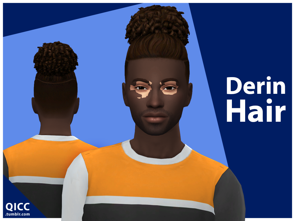 Les Sims 4. Un sim masculin qui a le vitiligo et porte ses cheveux cc en chignon avec le chignon texturé et bouclé.
