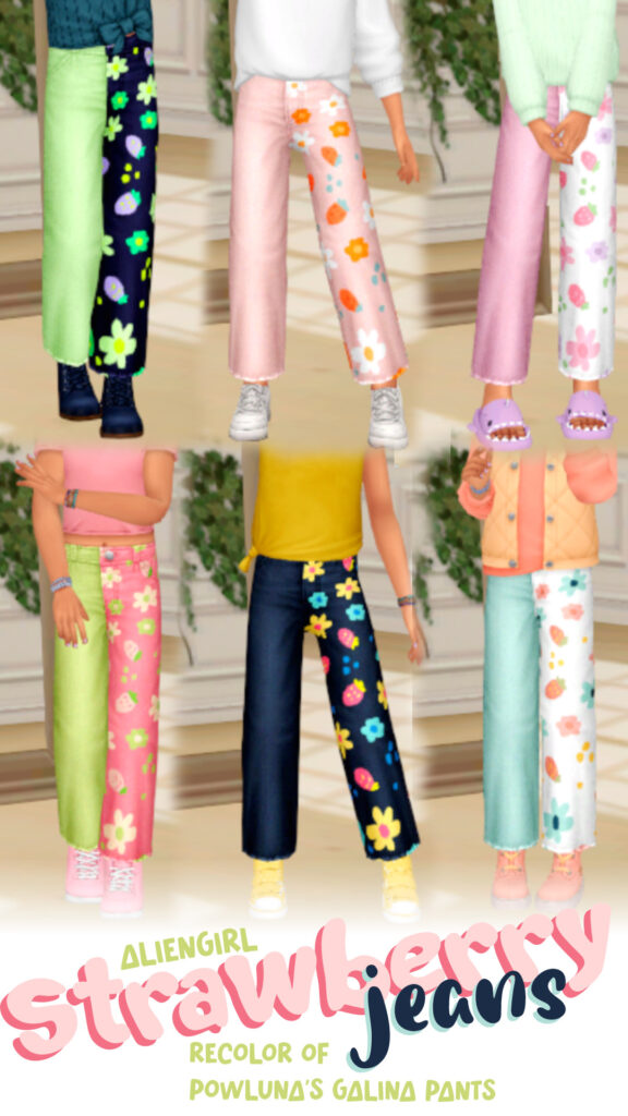 Six panneaux de la même sim portant des tenues différentes. Toutes ces tenues sont des sims portant la même paire de pantalons bicolores avec des motifs sur la jambe comme des fraises et des fleurs.