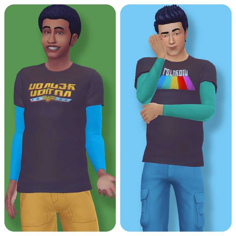 Deux Sims sur des arrière-plans de couleur unie, ils portent des t-shirts par-dessus des chemises à manches longues de couleurs vives.
