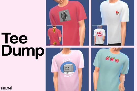 Quatre carrés avec des Sims portant des t-shirts. Les motifs incluent des éléments du jeu tels que des gnomes et des gremlins.