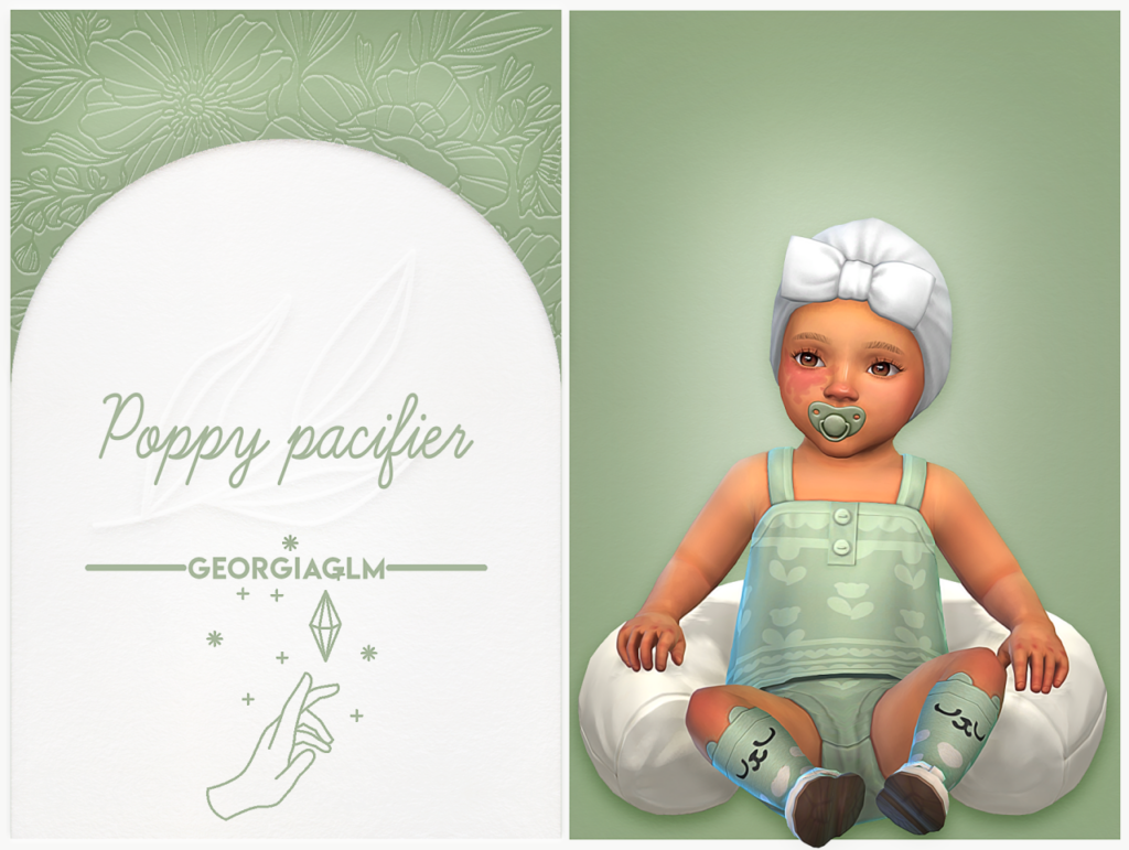 Un nourrisson des Sims 4 assis dans un oreiller avec une tenue verte et une sucette.