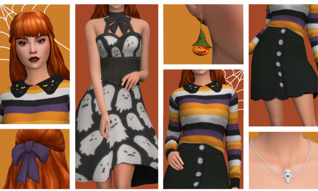 Sept rectangles et carrés remplis d'images de différents styles de vêtements à thème Halloween.