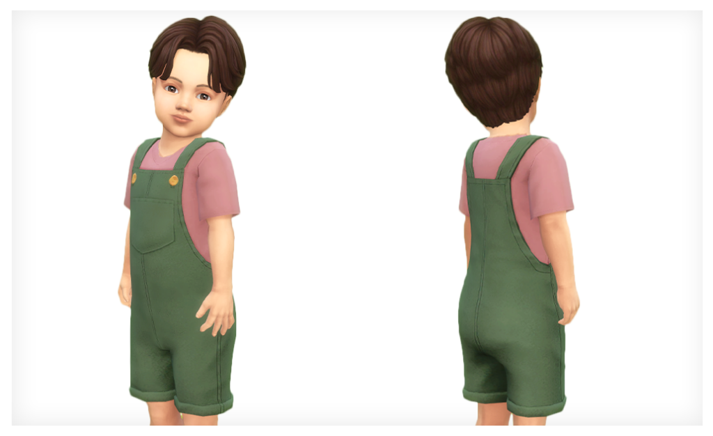 un tout-petit garçon portant une salopette par-dessus un haut rose dans Les Sims 4