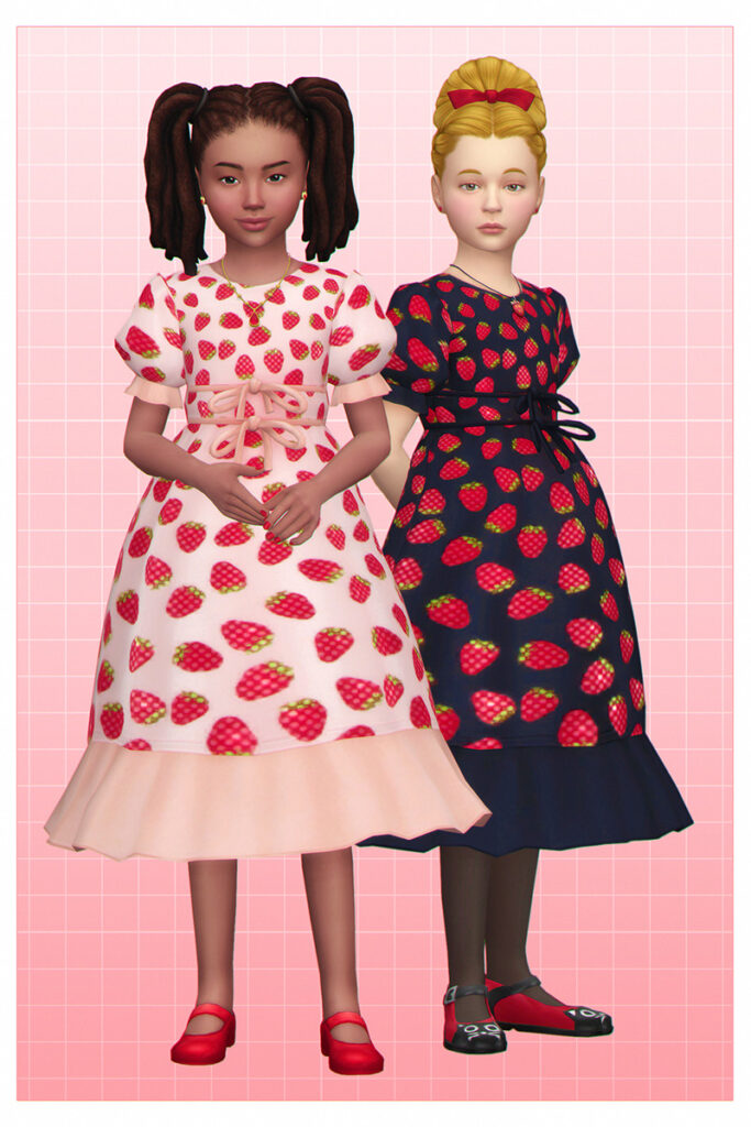 Une option de tenues pour enfants pour le jeu Les Sims 4 qui est un remake de la célèbre robe fraise TikTok avec des fraises pailletées partout