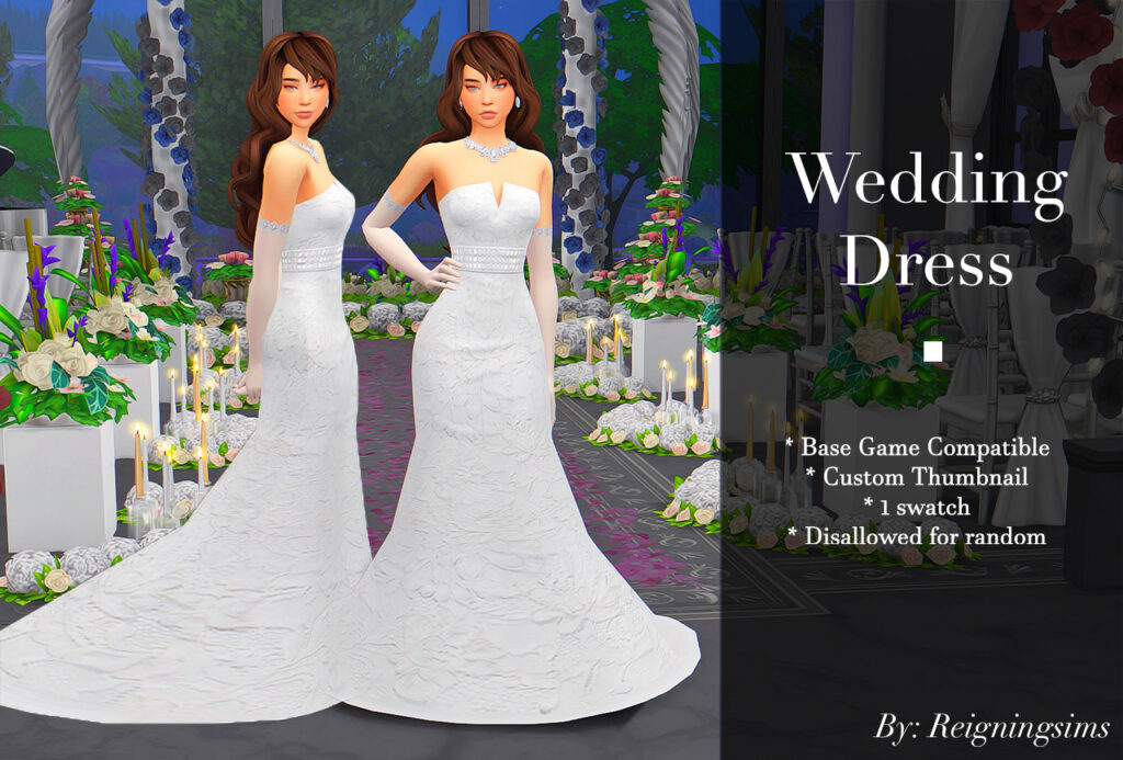 Un sim portant une robe de mariée avec des cheveux bruns et un gros collier orné de gemmes.