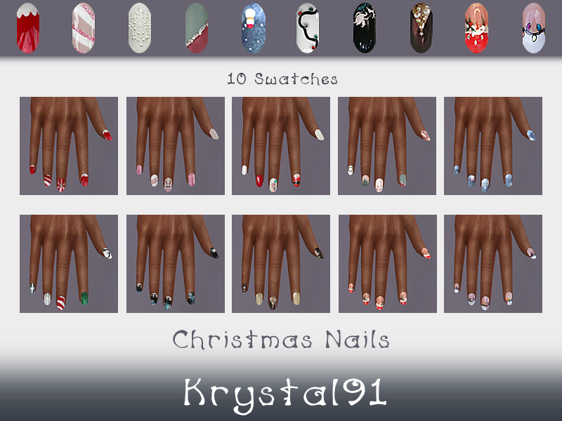 Un ensemble de dix mains montrant différentes versions d'ongles de Noël, des cannes en bonbons aux flocons de neige en passant par les lumières.