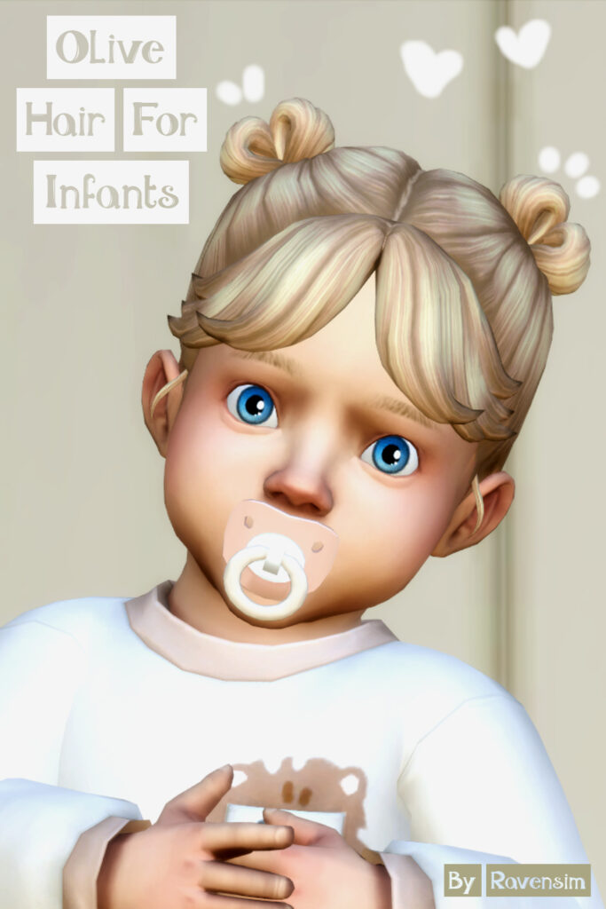 Un bébé blond des Sims 4 portant un pull blanc, une sucette et ayant ses cheveux cc en deux petites boucles avec des franges.