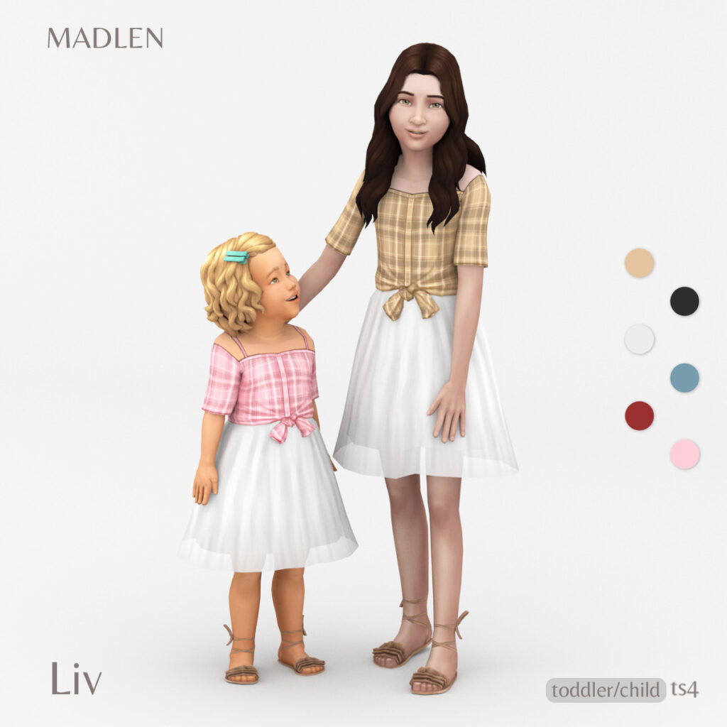 Deux sims, un bambin et un enfant portant des tenues pour enfants Sims 4 qui sont un haut à carreaux noué avec une jupe en tulle blanche. 