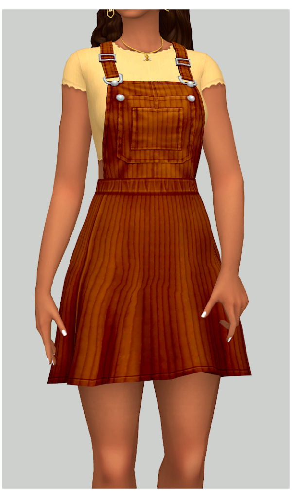 Un sim portant un t-shirt jaune et une robe salopette marron. Les salopettes CC Sims 4.