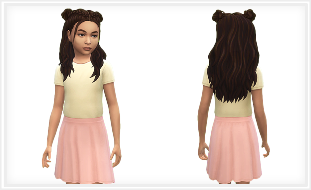 Un sim avec deux macarons sur le dessus de la tête portant un t-shirt jaune et une jupe rose sims 4 cc tenue