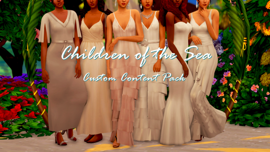 Six personnages féminins de Les Sims 4 qui se tiennent tous côte à côte dans des robes de mariée personnalisées.