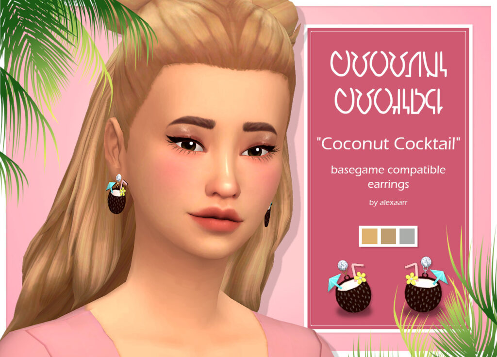 Un Sim avec les cheveux blonds mi-attachés avec deux chignons. Leurs boucles d'oreilles ressemblent à une boisson tropicale dans une noix de coco.