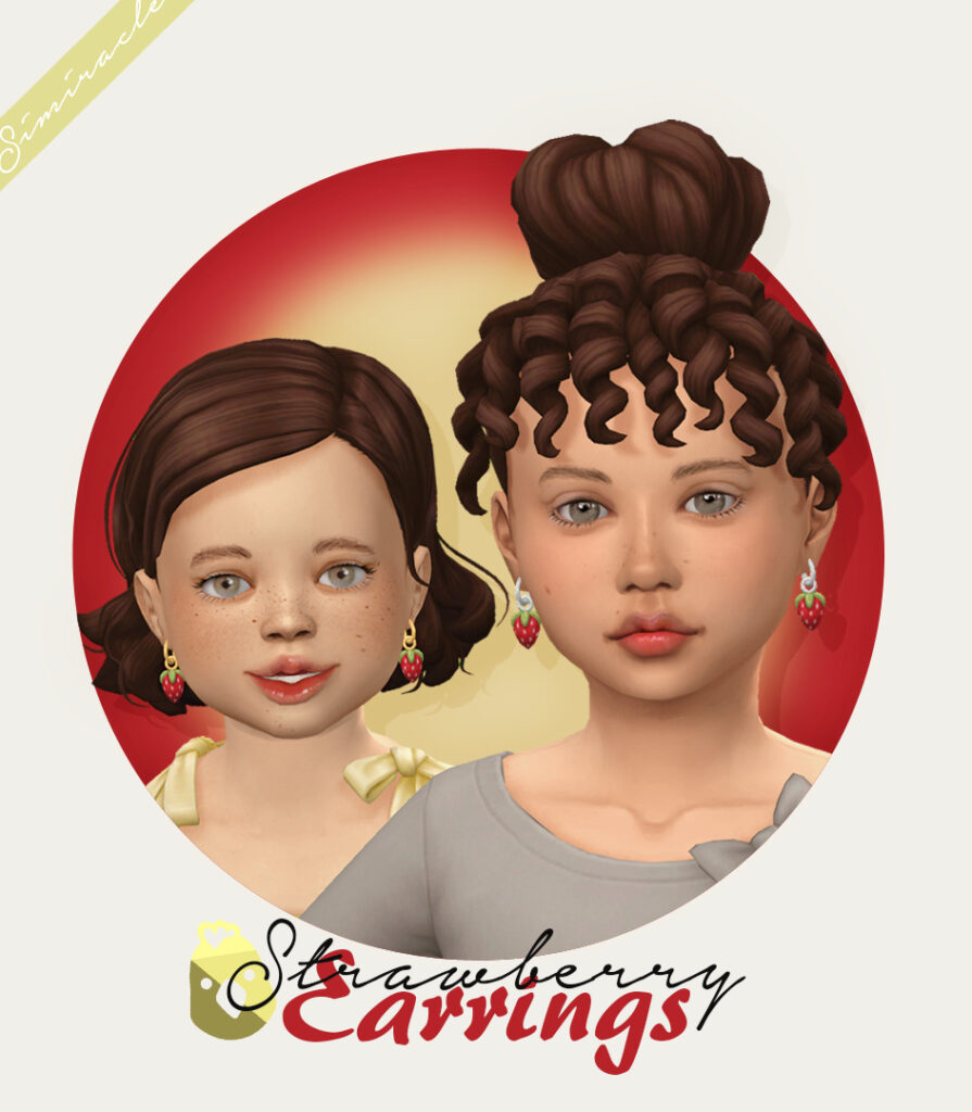 Un bambin et un adulte dans Les Sims 4 qui portent tous deux des boucles d'oreilles pendantes en forme de fraise.