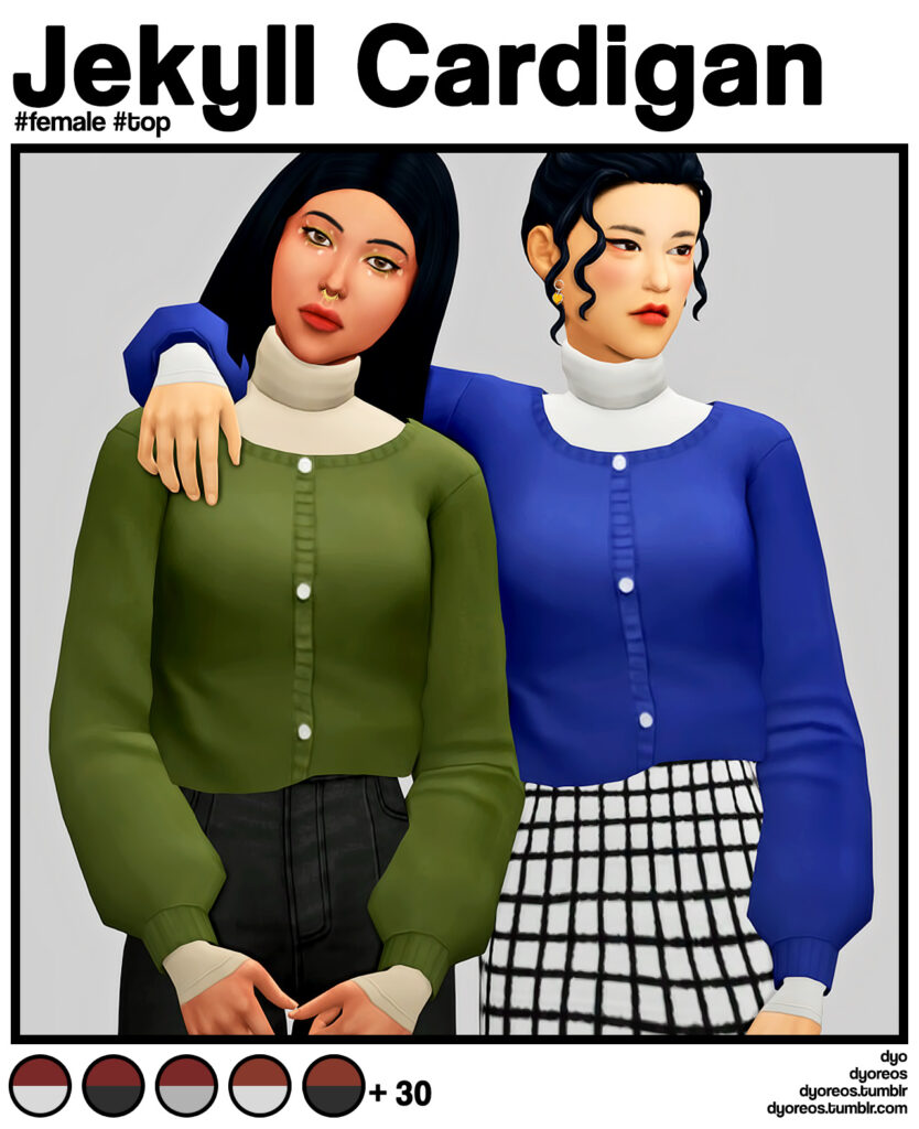 Deux sims féminines bras dessus bras dessous, elles portent toutes les deux le même cardigan en bleu et vert.