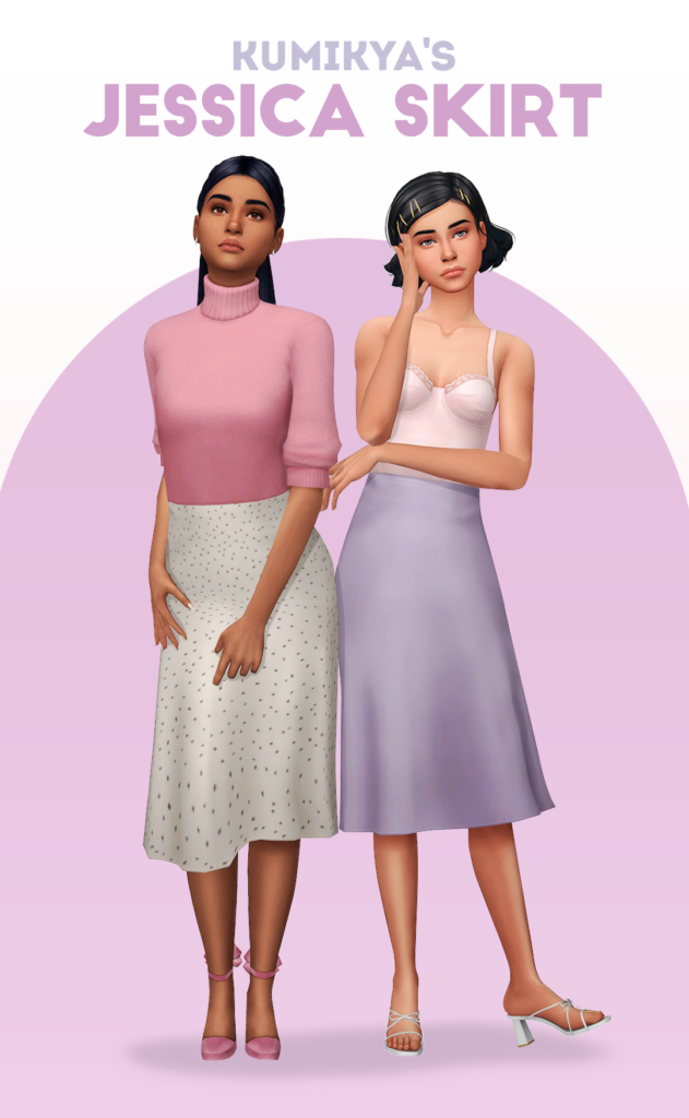 Deux sims se tenant côte à côte dans différentes poses, elles portent toutes les deux des jupes-culottes en satin mi-longues. L'une est blanche avec des pois noirs et l'autre est violet clair.