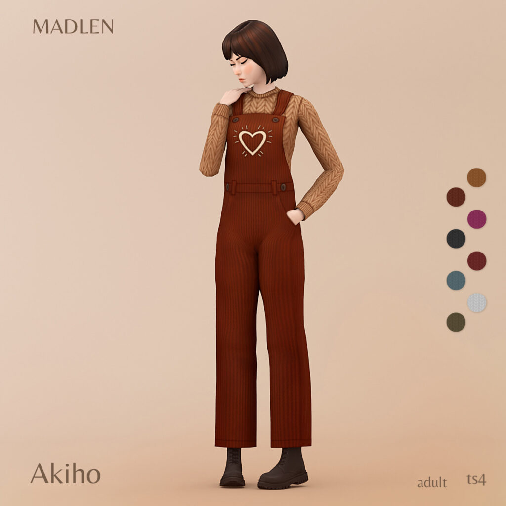 Un sim debout sur un fond marron clair portant une paire de salopettes marron plus foncé avec un cœur sur la poitrine. Ces salopettes pour les Sims 4 ont un pull tricoté en dessous