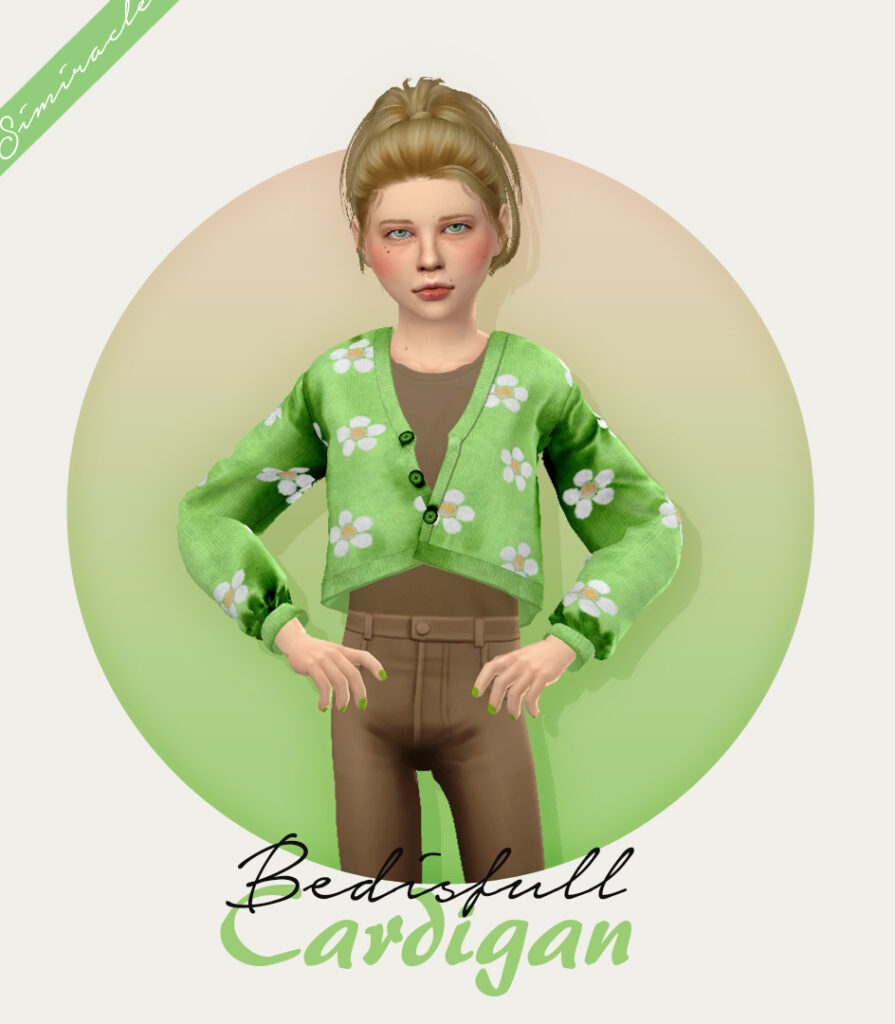 Un enfant blond des Sims 4 qui porte un cardigan cc d'une couleur verte éclatante avec des marguerites blanches. Il porte également un débardeur marron et un pantalon marron avec les ongles peints en vert.
