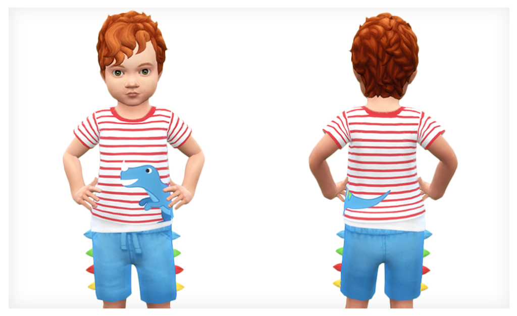 Un sim se tenant dans une tenue adorable pour les sims 4 avec un dinosaure dessus et même des épines de dinosaure sur les shorts