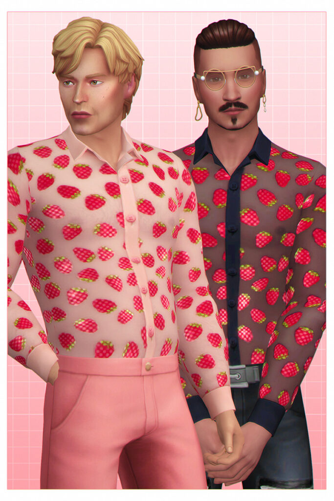 Deux Sims portant des chemises boutonnées transparentes ornées de fraises scintillantes.