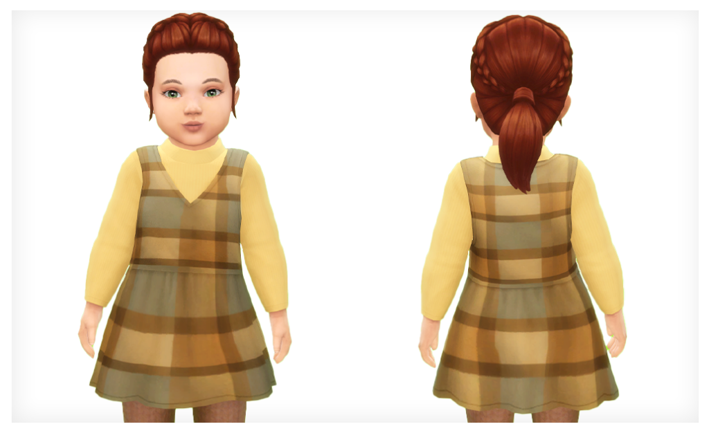 Un bambin dans Les Sims 4 avec des cheveux roux portant un chemisier jaune à manches longues avec une robe à carreaux par-dessus