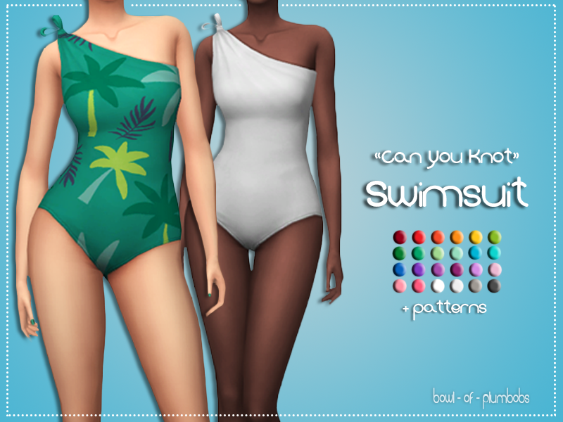 Un fond bleu avec deux têtes de sims recadrées dessus. Ils portent des maillots de bain une épaule avec des nœuds pour maintenir le maillot de bain en place.
