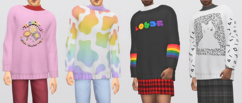 Quatre sims debout en pull à manches longues avec des motifs de fleurs ou d'imprimé vache