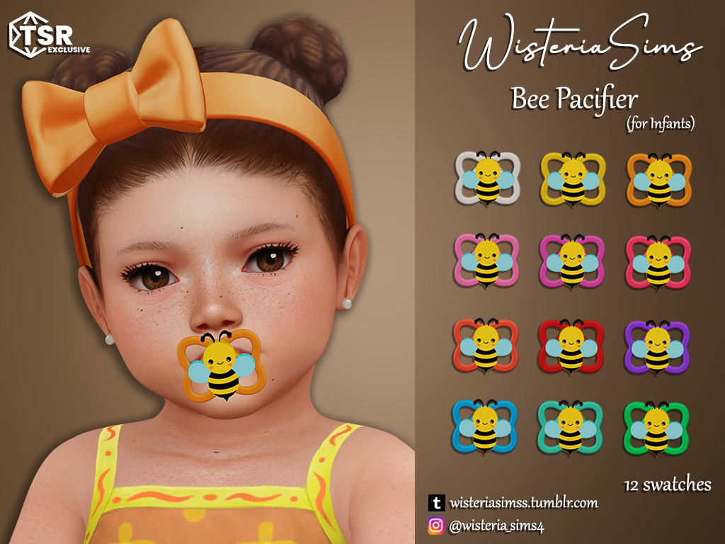 Un fond marron avec un nourrisson des Sims 4 dessus. Il porte une sucette personnalisée avec une abeille au centre.