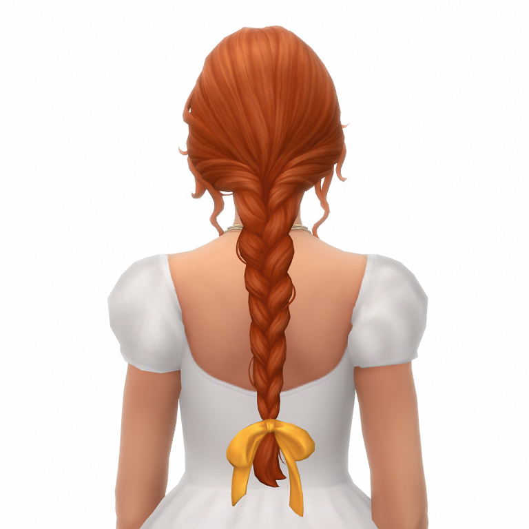Un personnage des Sims 4 qui fait face à l'arrière dans une robe blanche avec les cheveux tressés à l'arrière de sa tête.