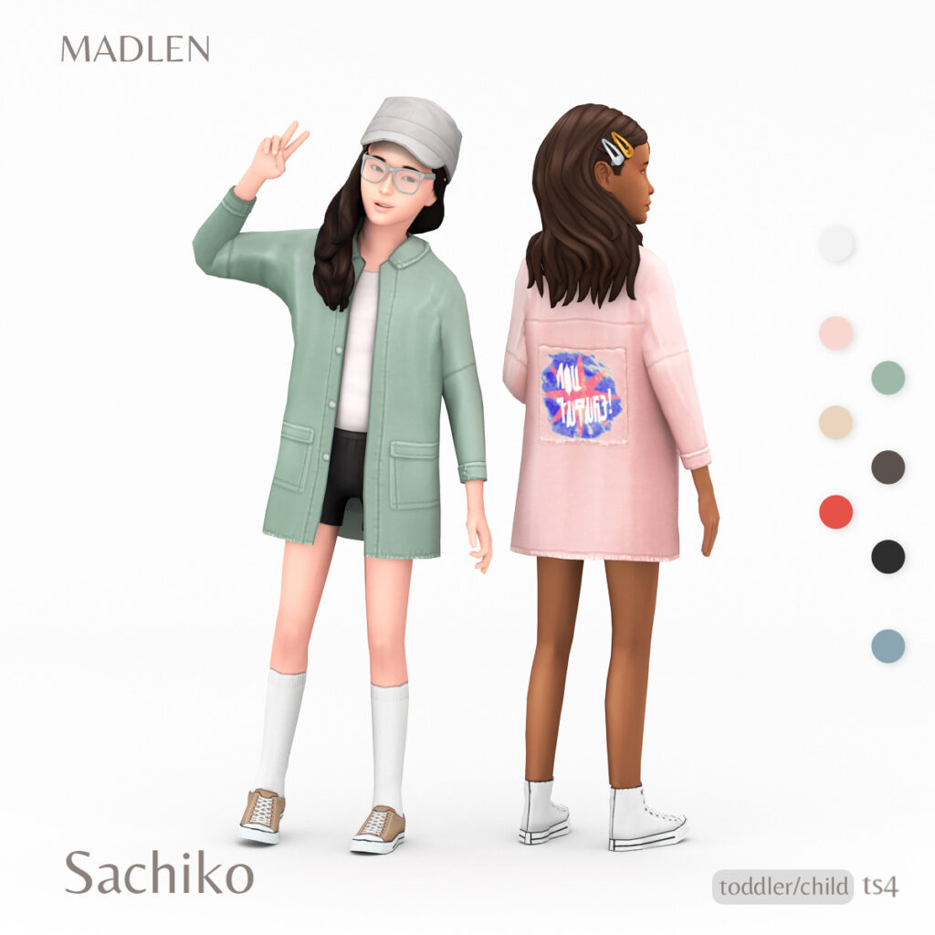 Deux sims portant un short de vélo et un t-shirt blanc avec une jolie veste par-dessus