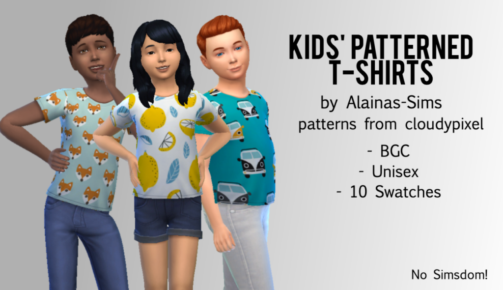 Un ensemble de t-shirts à motifs pour enfants pour Les Sims 4 avec des motifs tels que des renards, des citrons ou des voitures